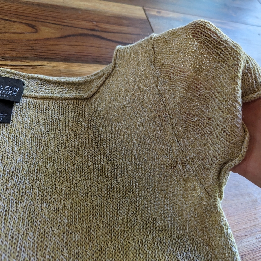 Eileen Fisher Linen Yellow/Tan Open Knit Capped Sleeve T- Shirt Top Size PS - Picture 7 of 11